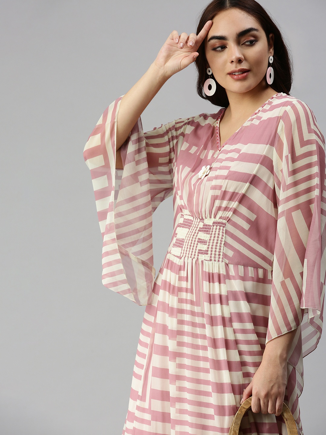 

SHOWOFF Pink Striped Chiffon Kaftan Midi Dress