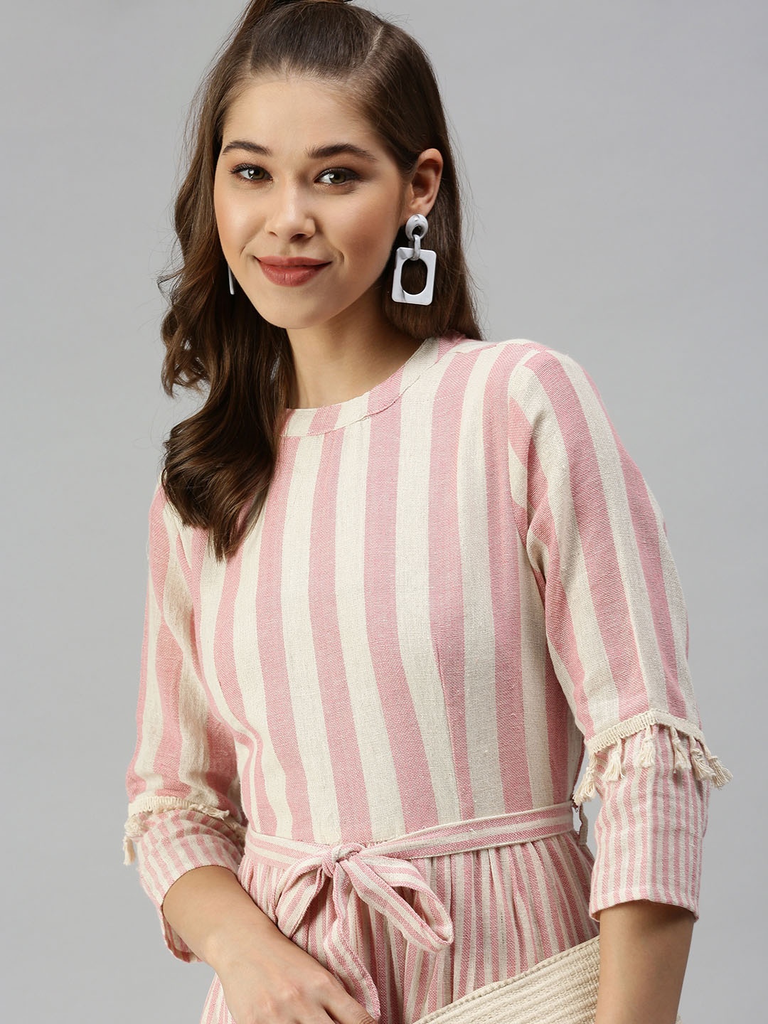 

SHOWOFF Off White Pink Striped Organic Cotton A-Line Layered Dress