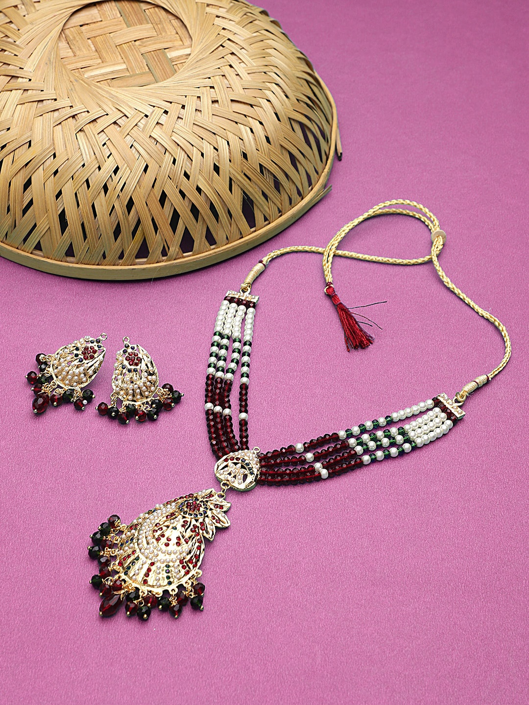 

STEORRA JEWELS Gold-Plated White & Red Kundan-Studded & Beaded Jewellery Set