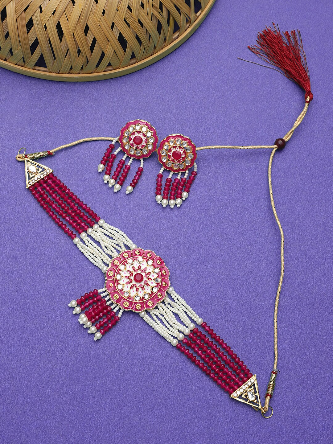 

STEORRA JEWELS Gold-Plated White & Pink Kundan-Studded & Beaded Jewellery Set