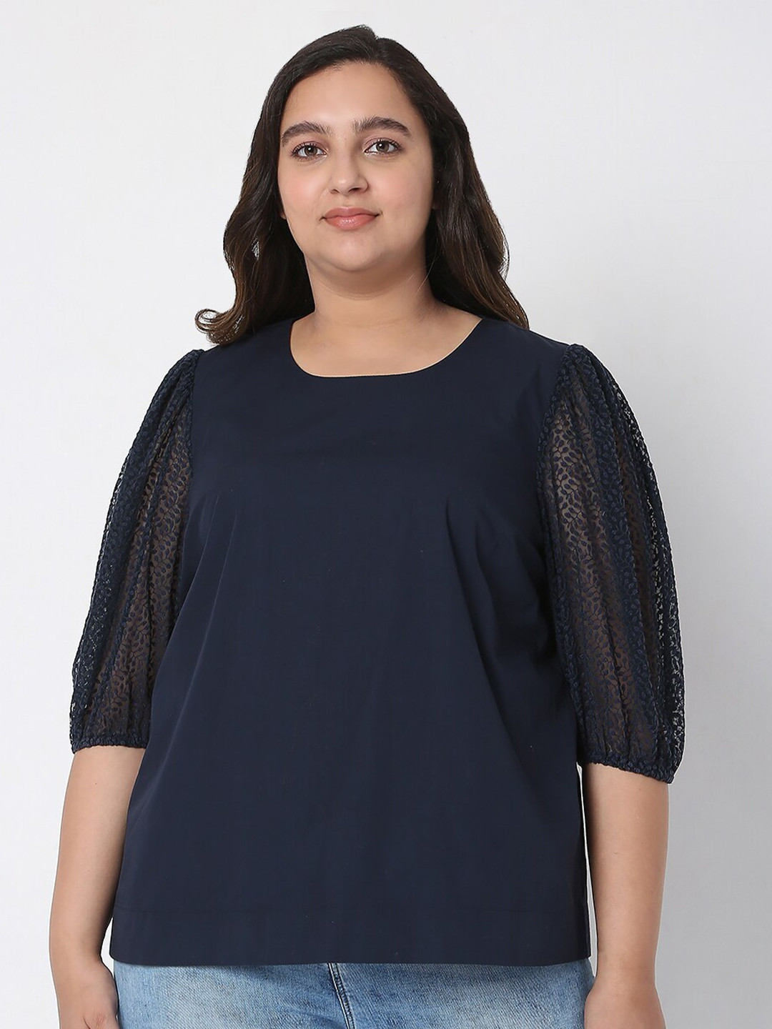 

VERO MODA CURVE Women Plus Size Navy Blue Solid Round Neck Regular Top