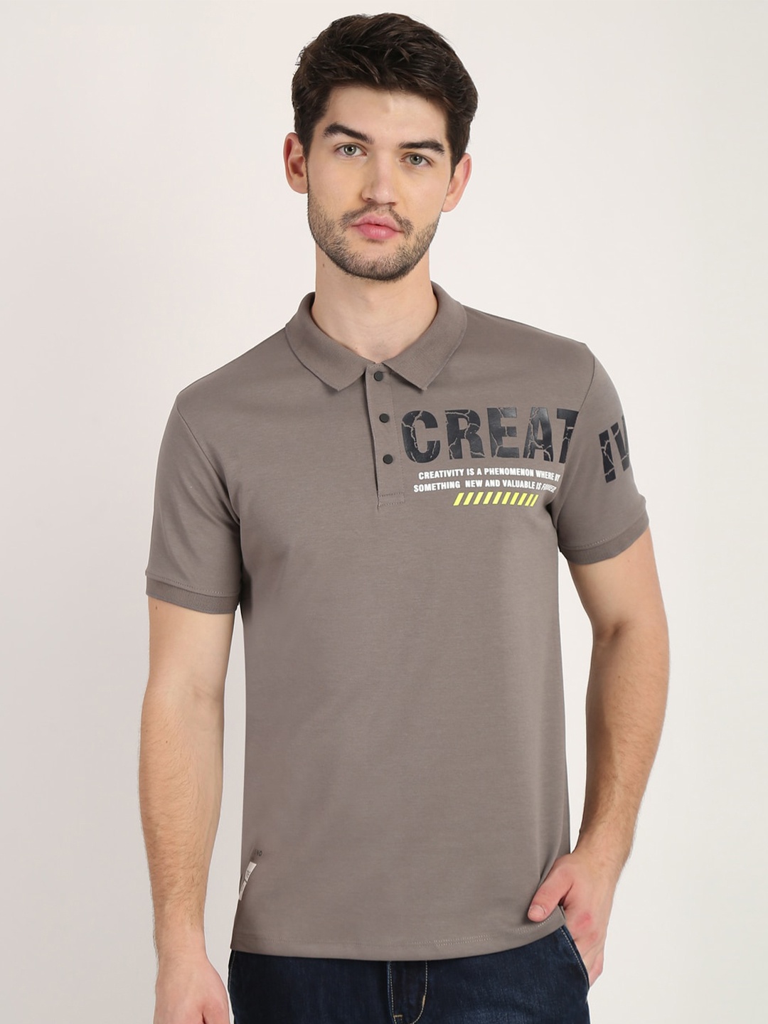 

COLVYNHARRIS JEANS Men Grey Typography Polo Collar T-shirt