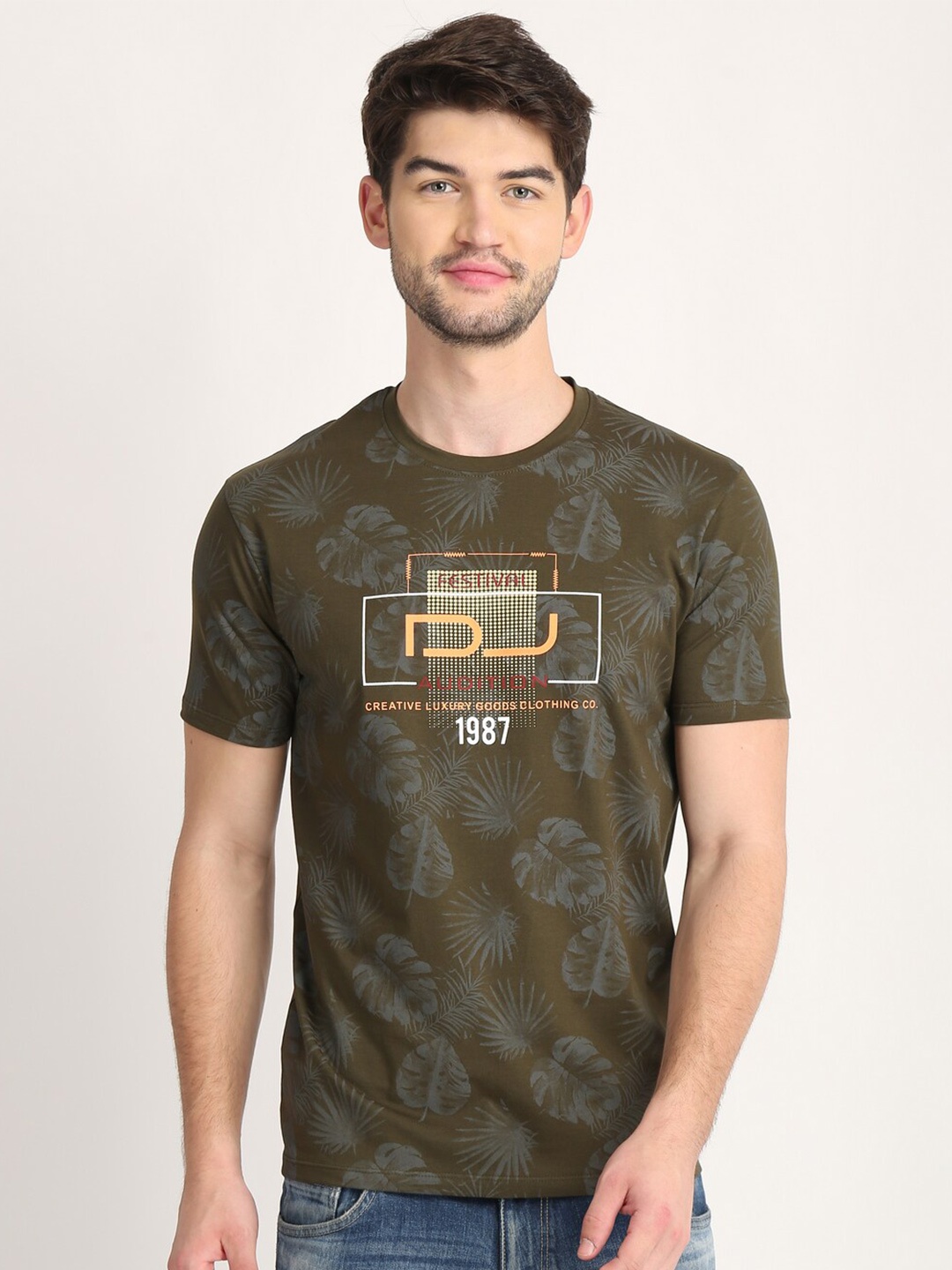 

COLVYNHARRIS JEANS Men Olive Green Printed Raw Edge T-shirt