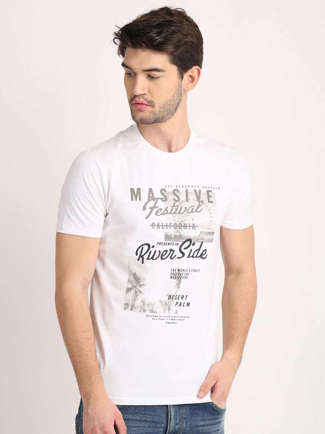 

COLVYNHARRIS JEANS Men White Round Neck Typography Printed Applique T-shirt