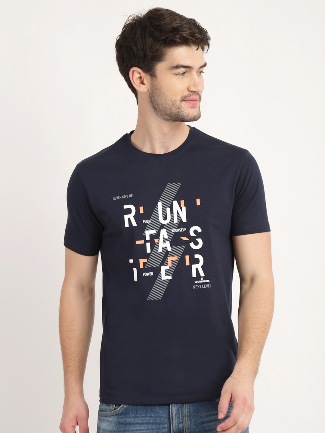 

COLVYNHARRIS JEANS Men Navy Blue Typography Printed T-shirt