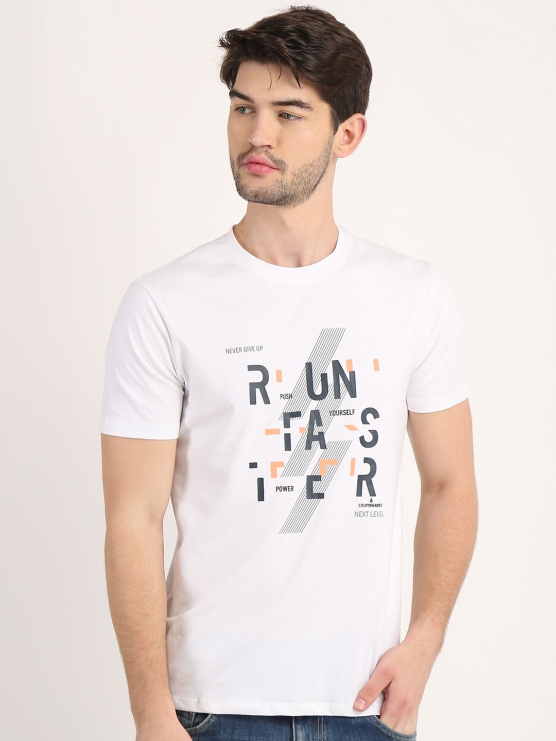 

COLVYNHARRIS JEANS Men White Typography Printed Cotton T-shirt