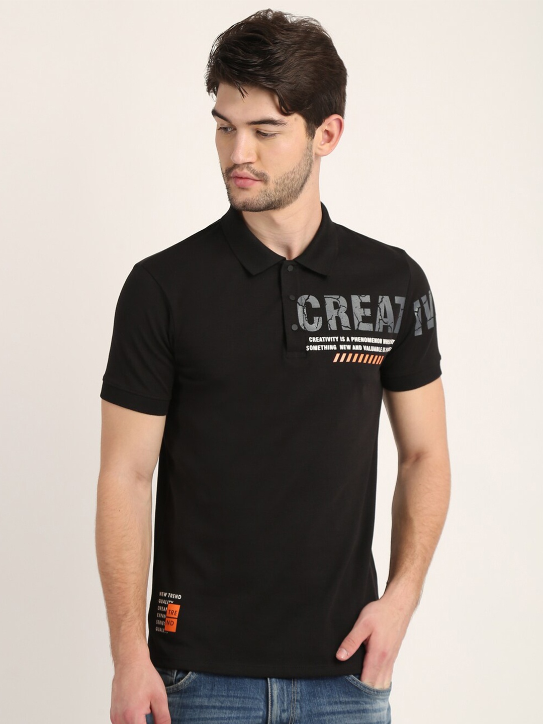 

COLVYNHARRIS JEANS Men Black Typography Polo Collar T-shirt