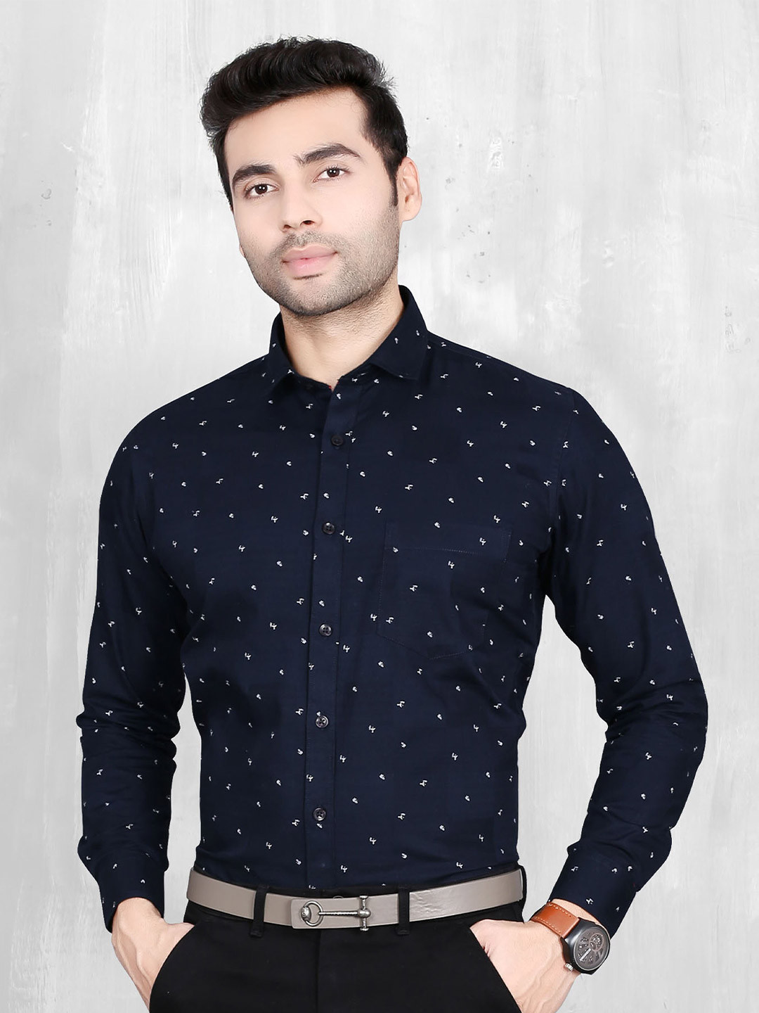 

5TH ANFOLD Men Navy Blue Slim Fit Cotton Graphic Printed Formal Shirt