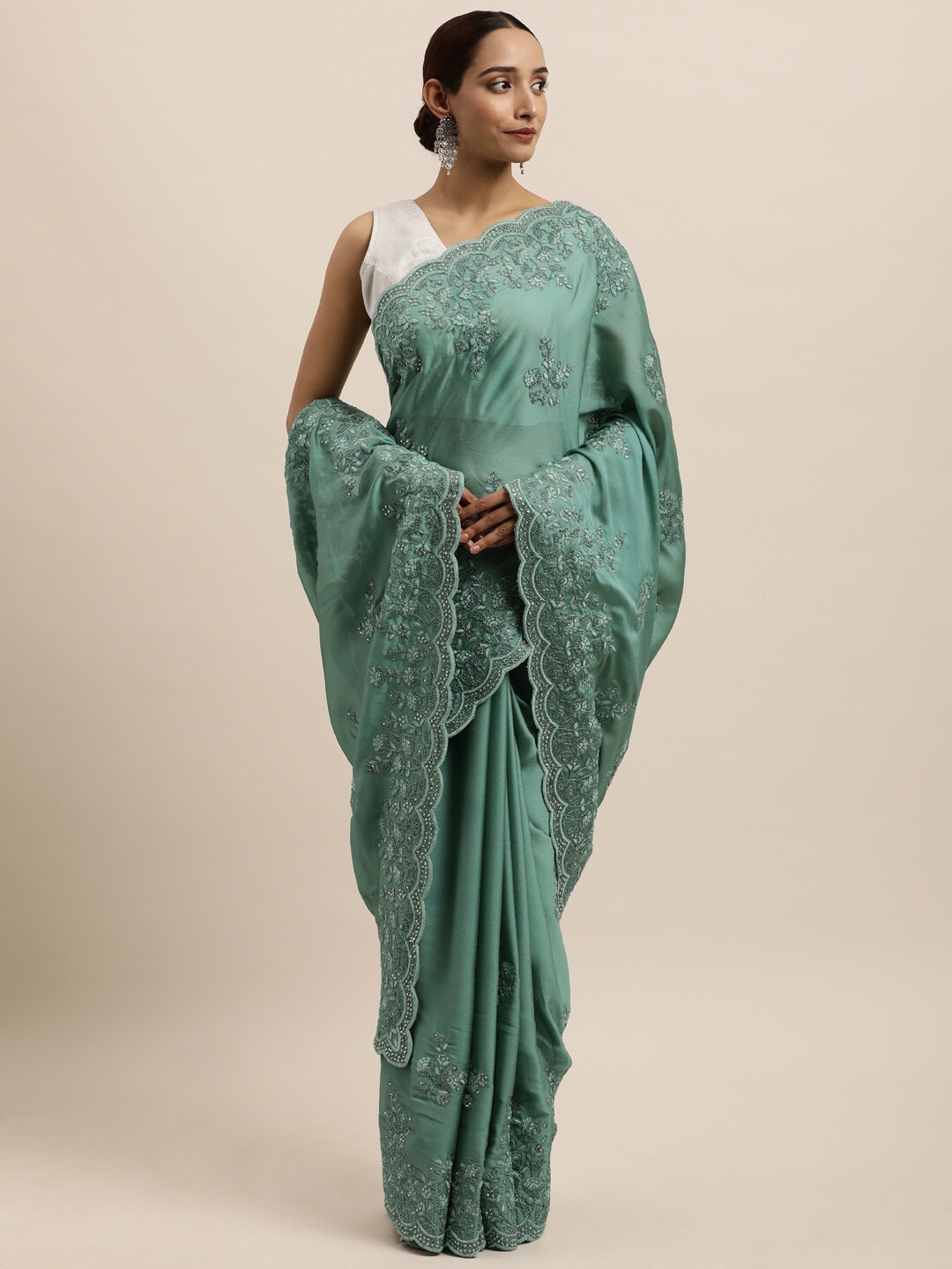 

kasee Turquoise Blue Floral Embroidered Beads and Stones Art Silk Saree