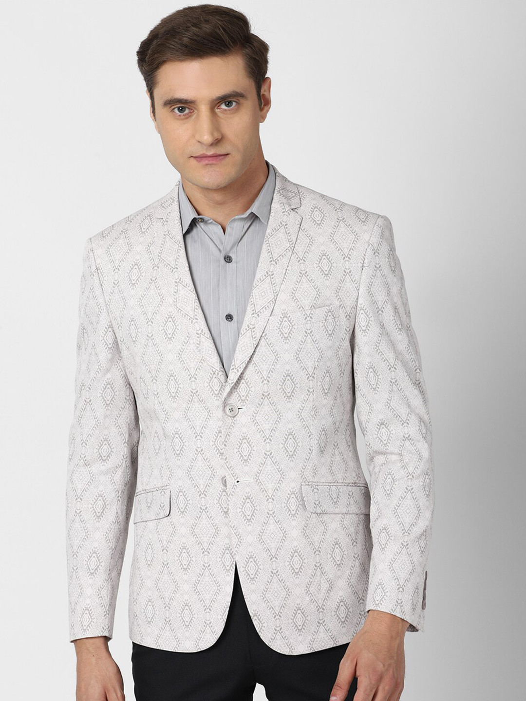 

V Dot Men Grey Printed Single-Breasted Slim-Fit Blazer