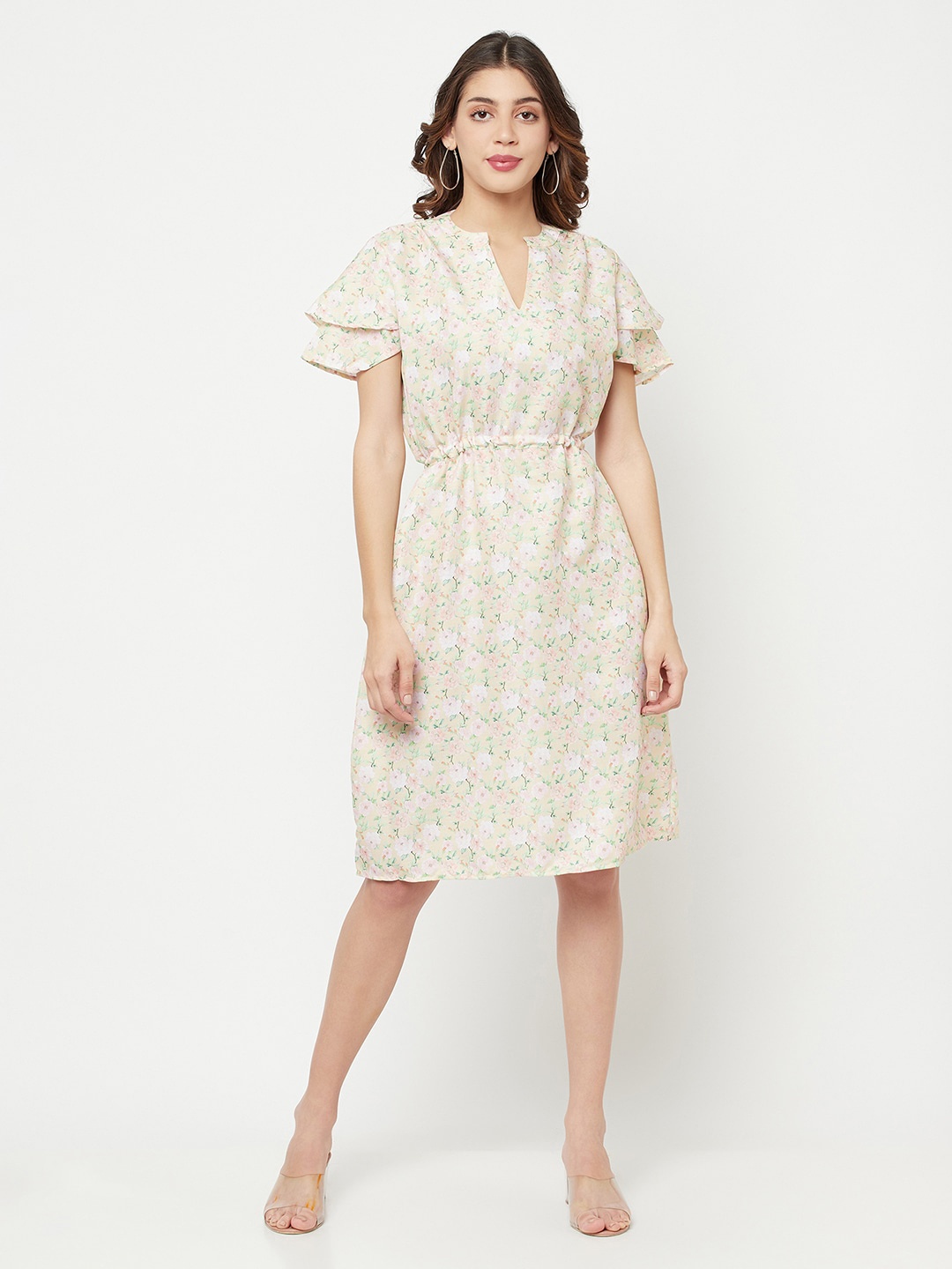 

Crimsoune Club Women Beige Floral Printed A-Line Dress