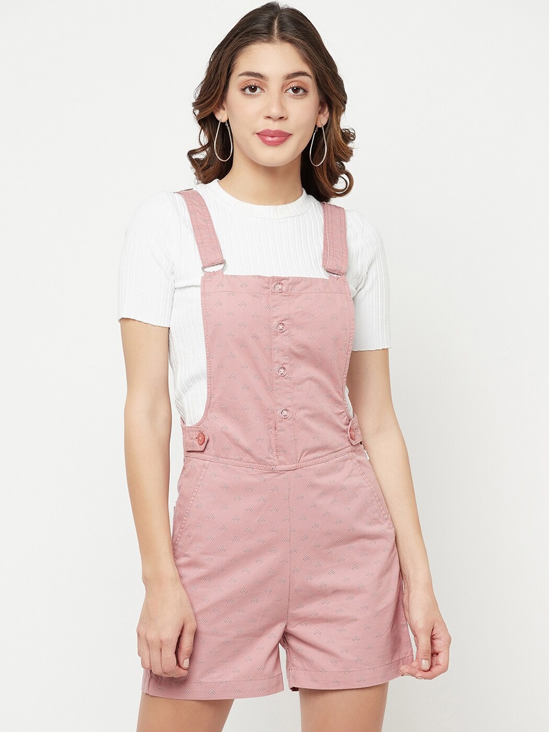 Crimsoune Club Women Pink Printed Cotton Dungarees