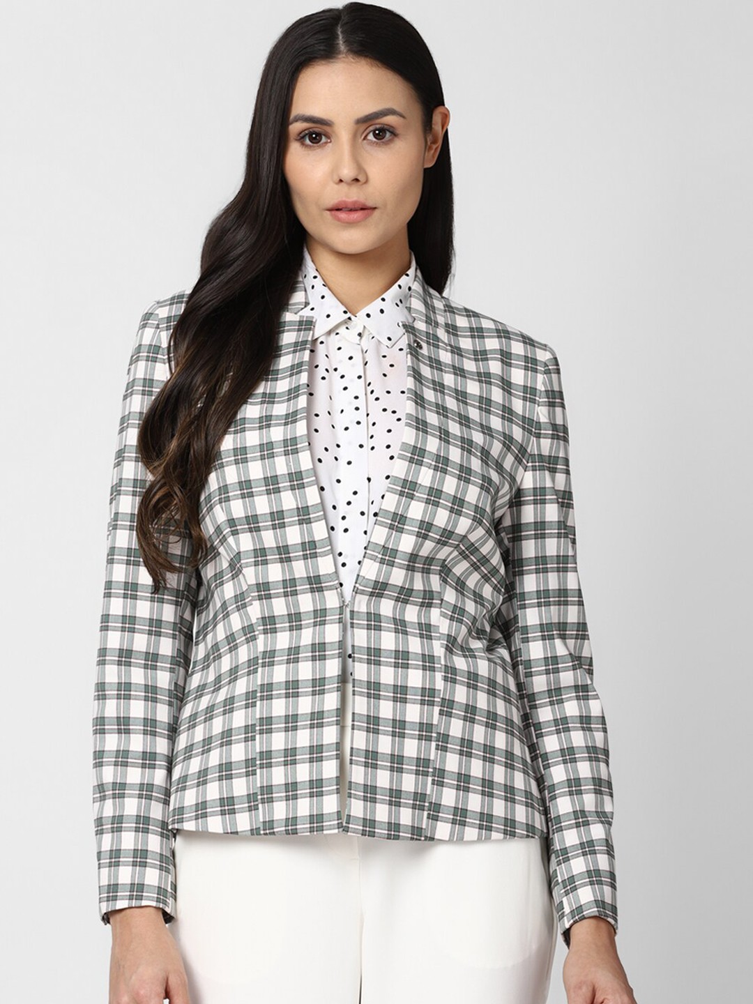 

Van Heusen Woman Grey & White Checked Single-Breasted Casual Blazer