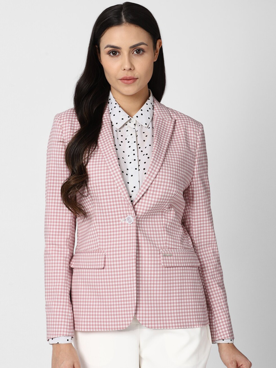 

Van Heusen Woman Pink & White Checked Single-Breasted Casual Blazer