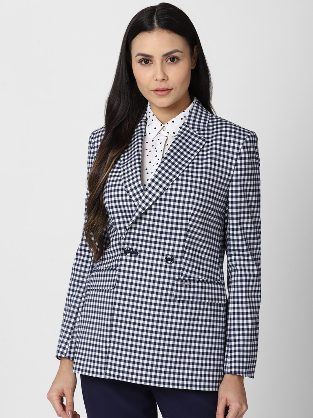 

Van Heusen Woman Women Navy Blue Checked Slim-Fit Single Breasted Casual Blazer