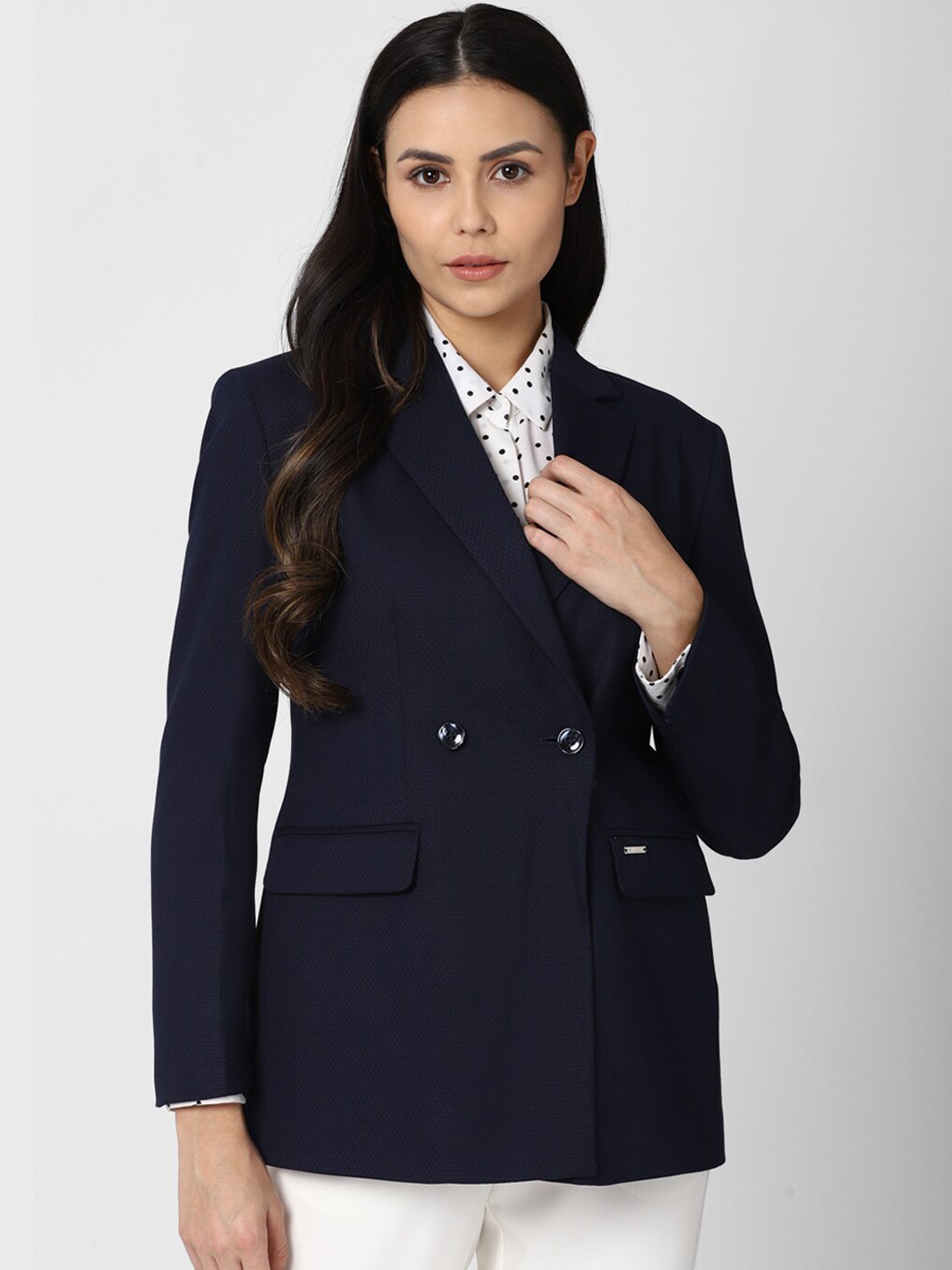 

Van Heusen Woman Navy Blue Solid Slim-Fit Single-Breasted Casual Blazer