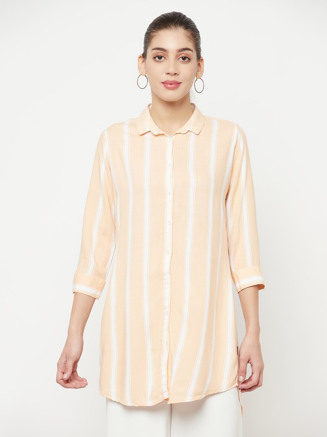 

Crimsoune Club Women Peach-Coloured Striped Casual Shirt
