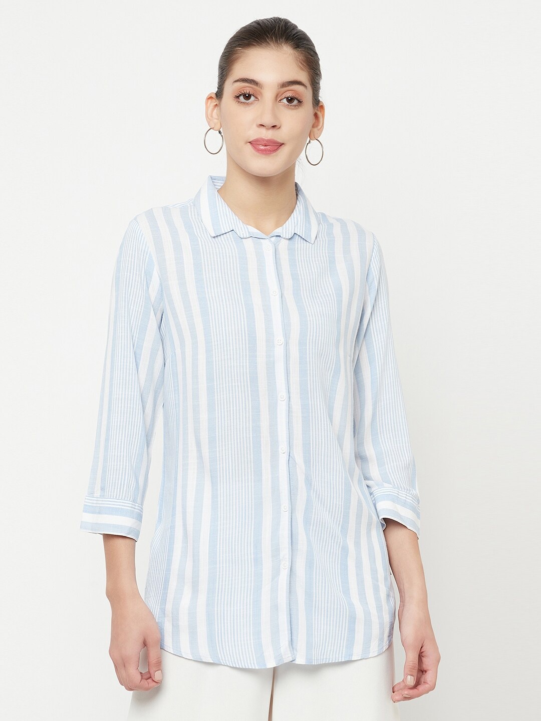 

Crimsoune Club Women Blue Slim Fit Striped Casual Shirt