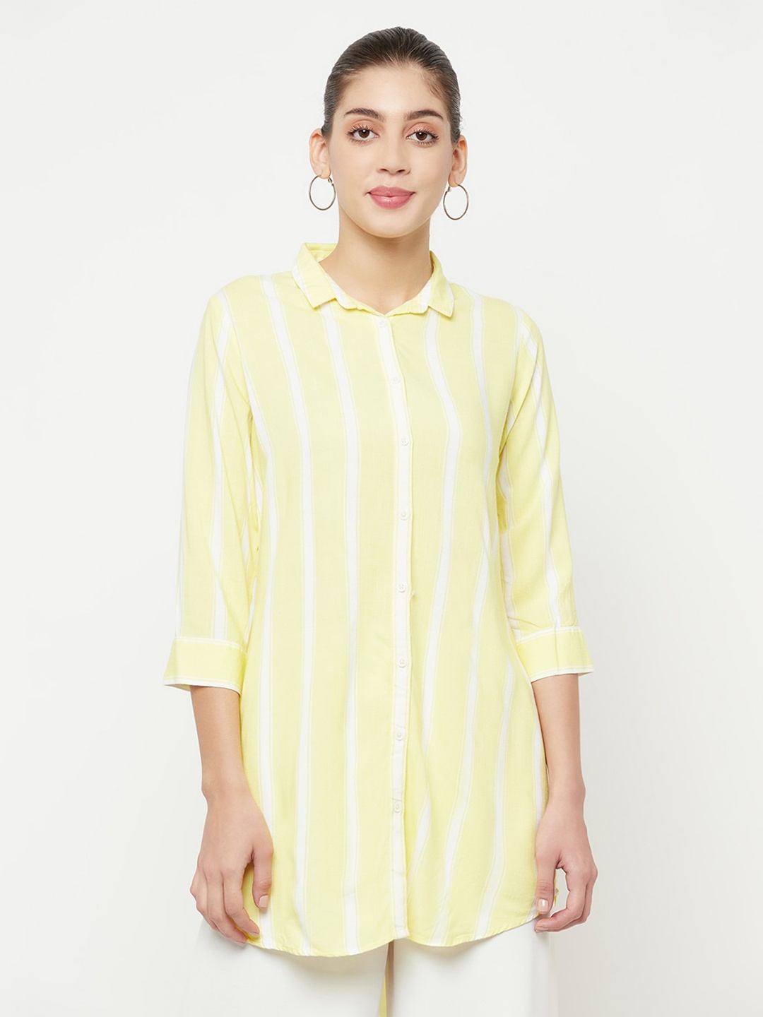 

Crimsoune Club Women Yellow Striped Casual Shirt