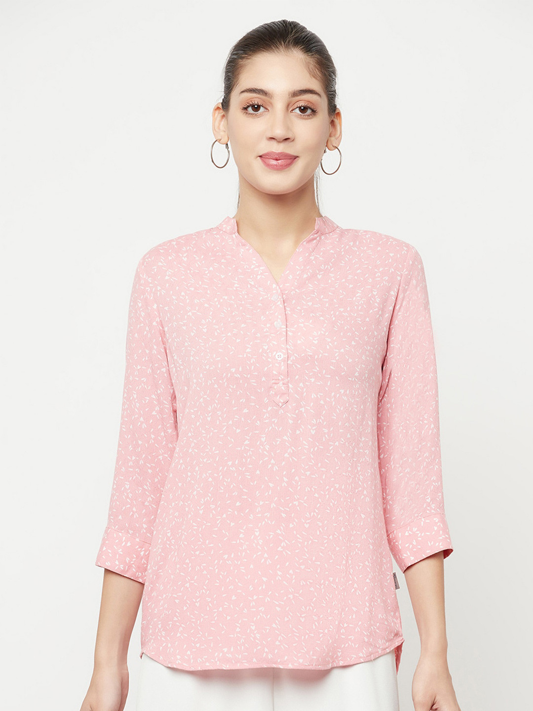 

Crimsoune Club Pink & White Printed Mandarin Collar Top