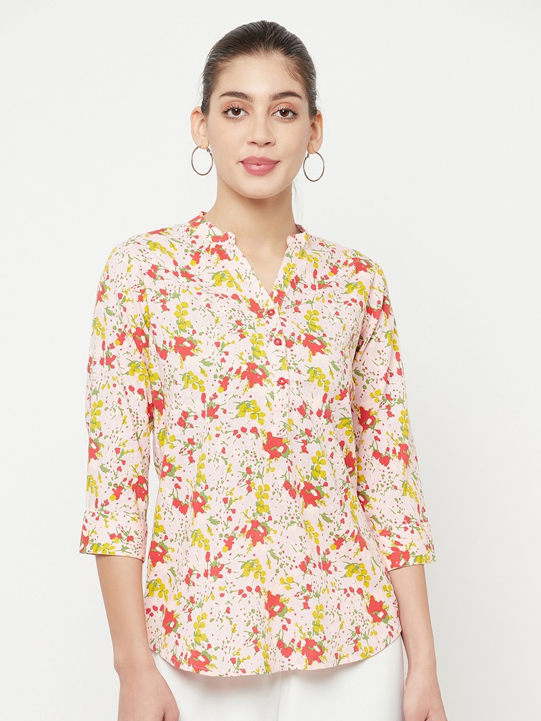 

Crimsoune Club Women Multicoloured Floral Print Mandarin Collar Top, Multi