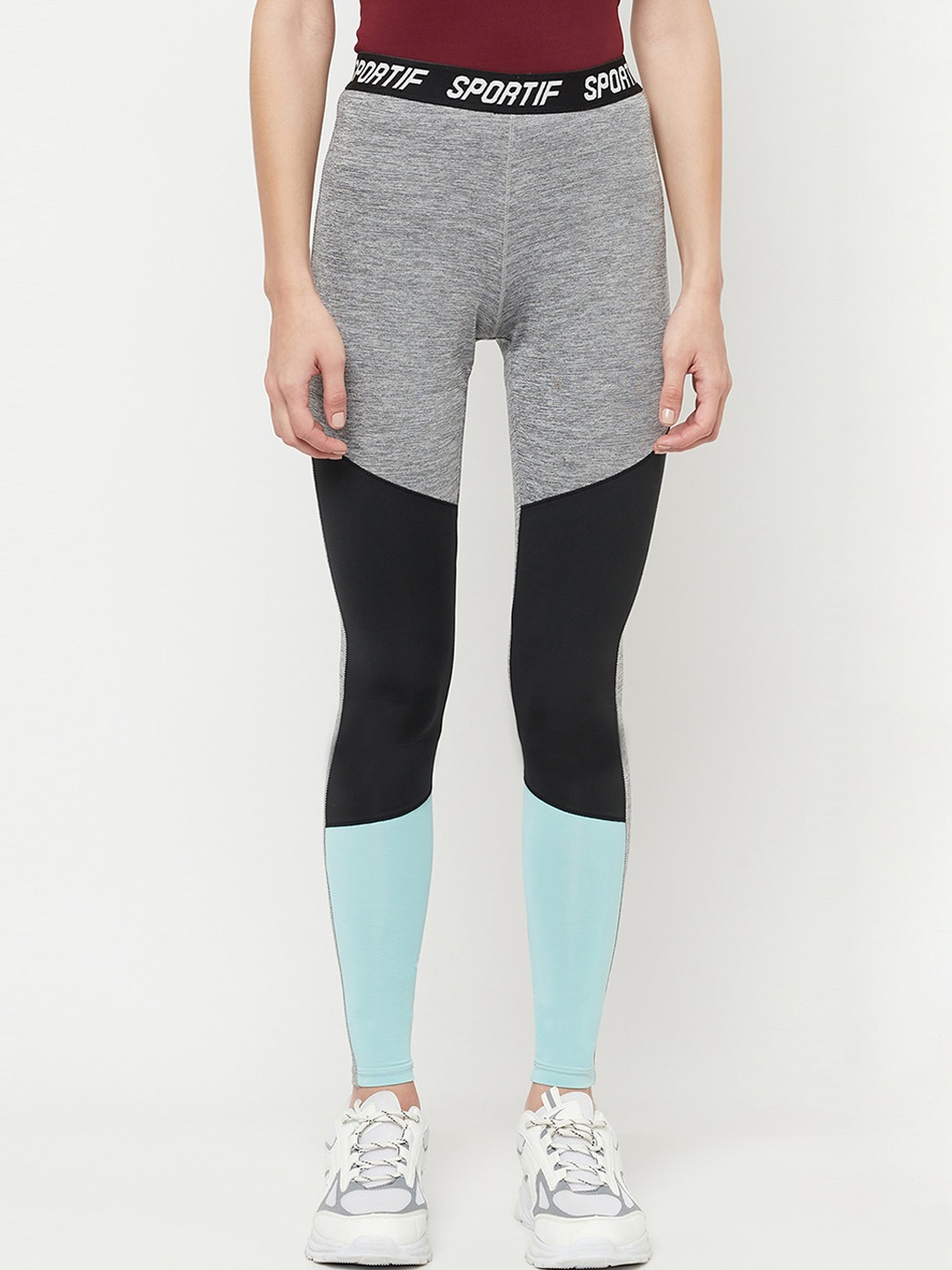 

Crimsoune Club Women Grey, Black & Blue Colourblocked Slim-Fit Sports Track Pants
