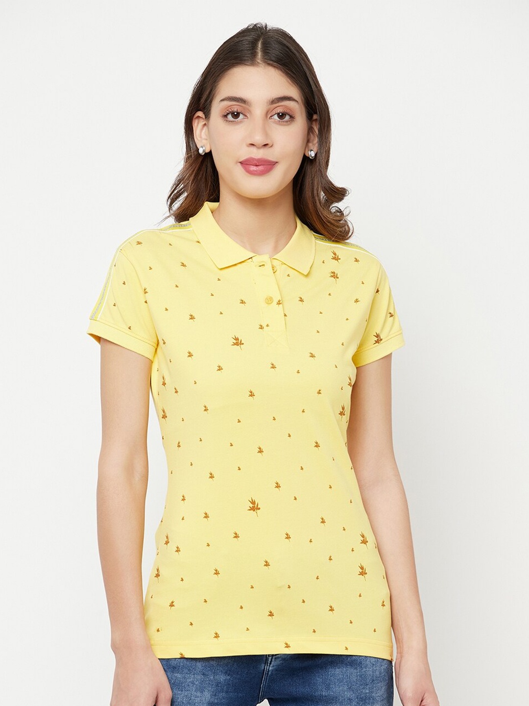 

Crimsoune Club Women Yellow Floral Printed Polo Collar Slim Fit T-shirt