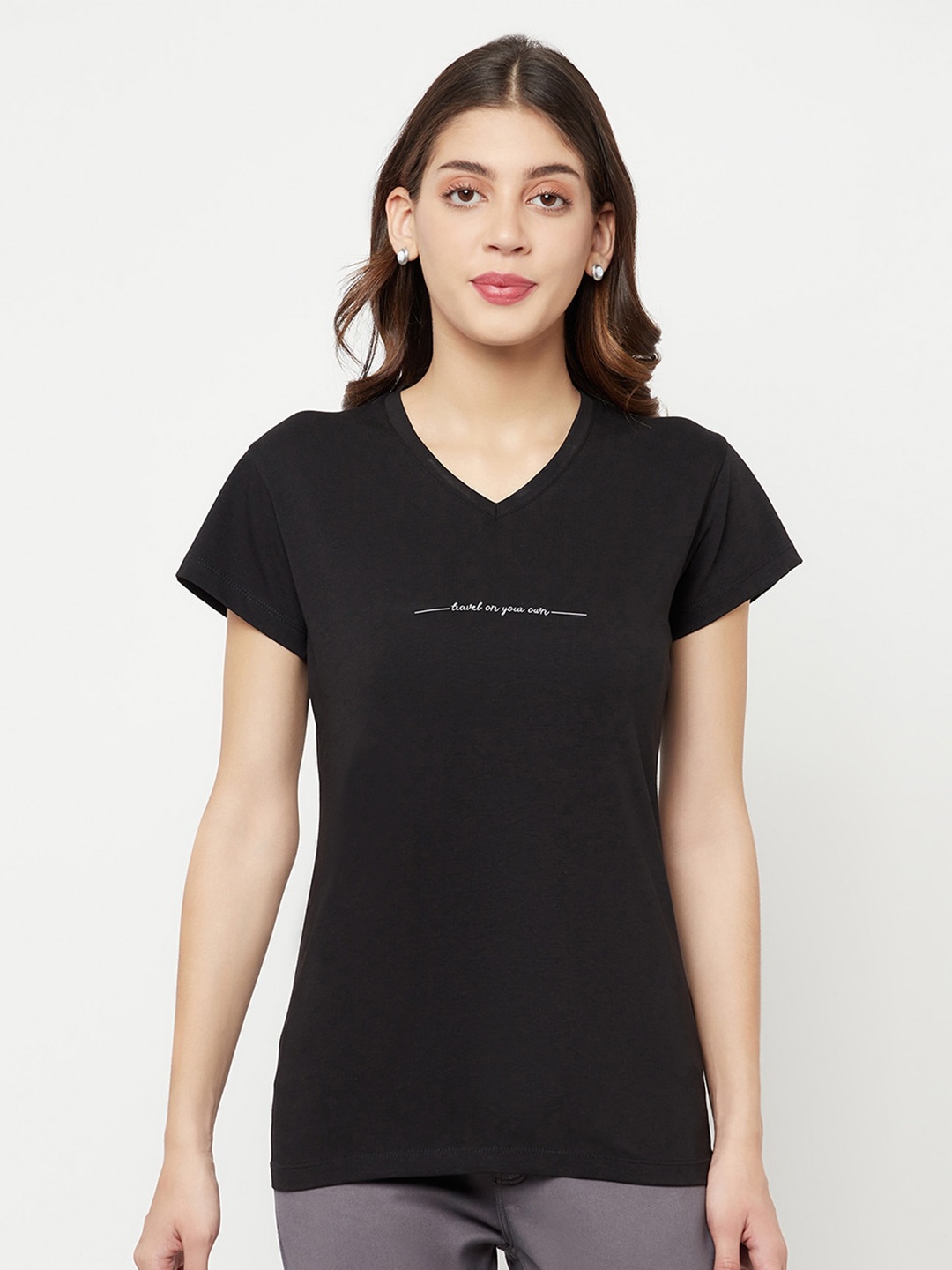 

Crimsoune Club Women Black Printed V-Neck Slim Fit T-shirt