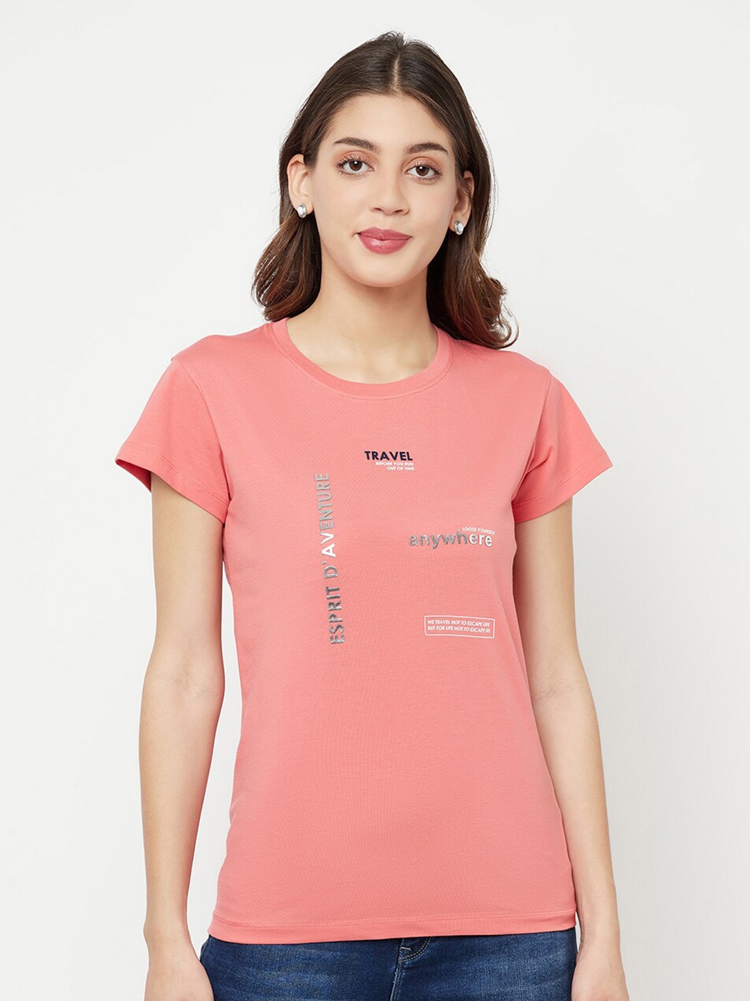 

Crimsoune Club Women Pink Typography Printed Slim Fit T-shirt