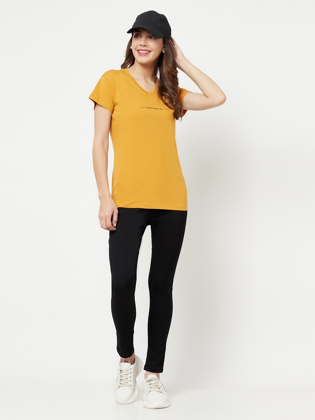 

Crimsoune Club Women Mustard Yellow Printed V-Neck Slim Fit T-shirt