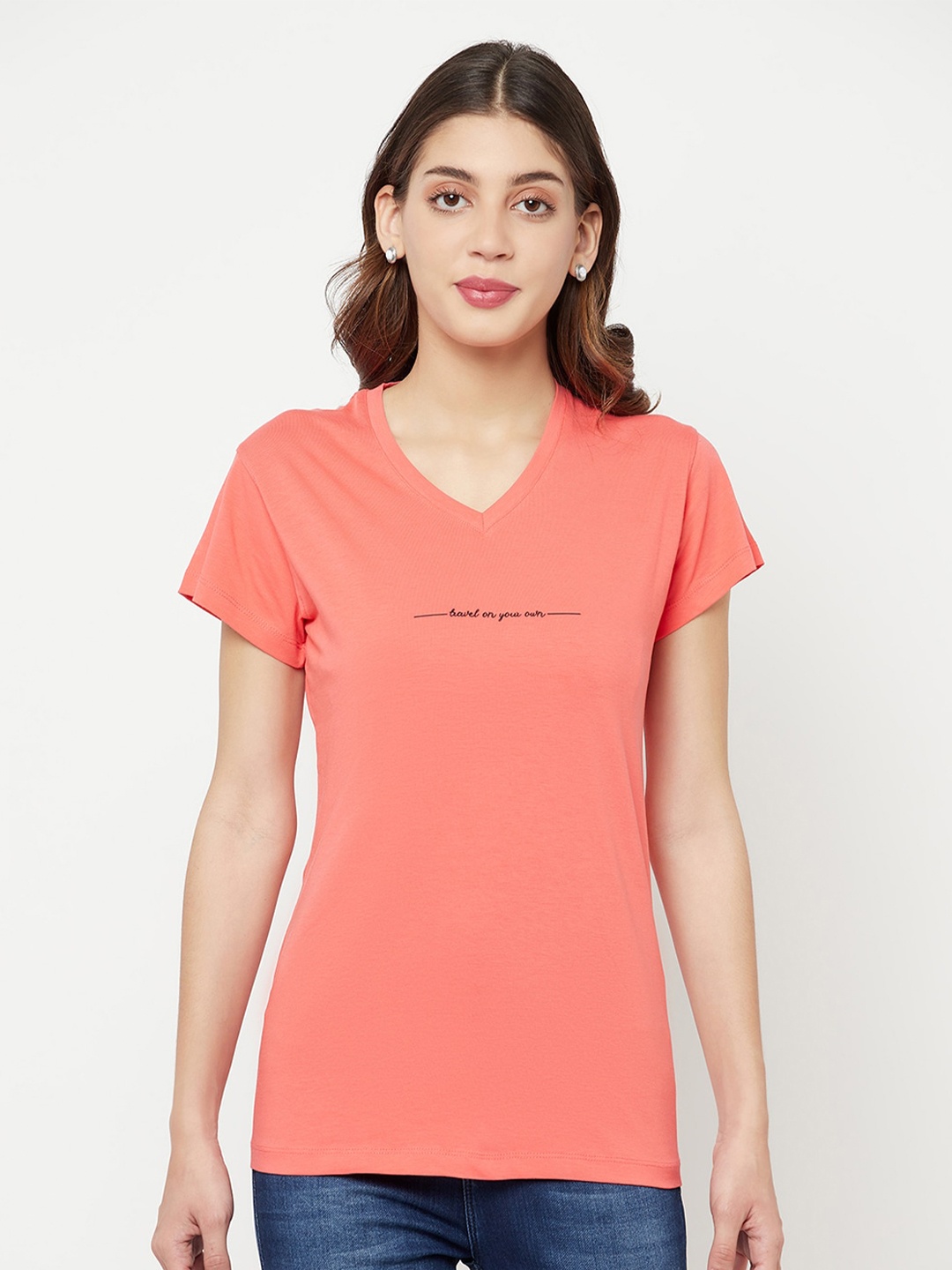 

Crimsoune Club Pink Printed V-Neck Slim Fit T-shirt