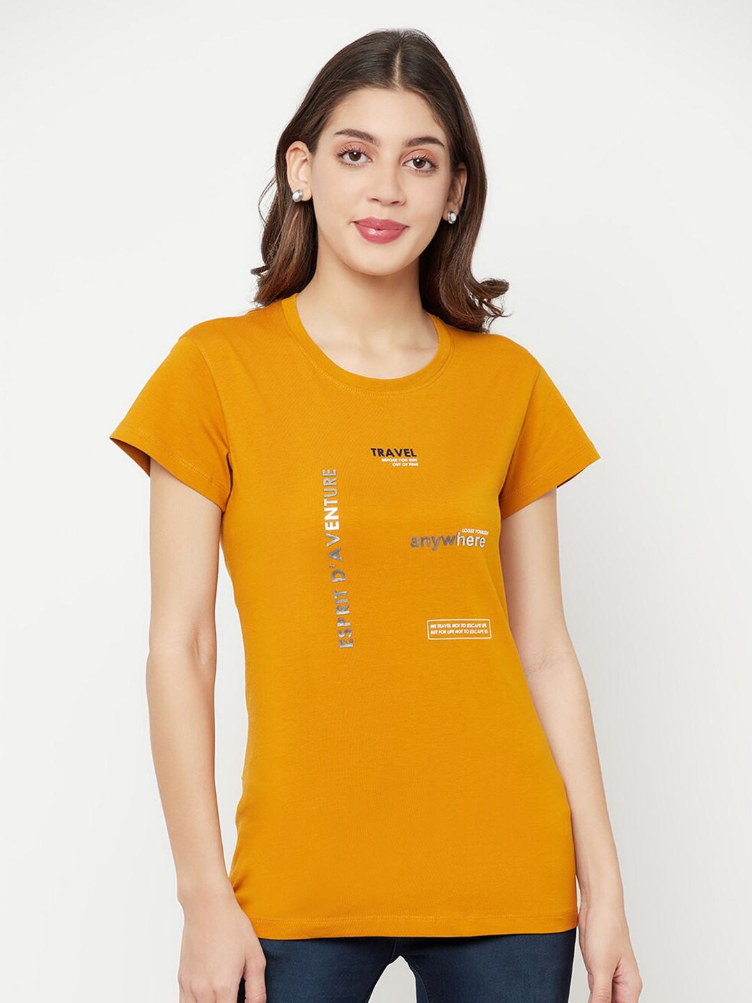 

Crimsoune Club Women Mustard Yellow Typography Printed Slim Fit T-shirt