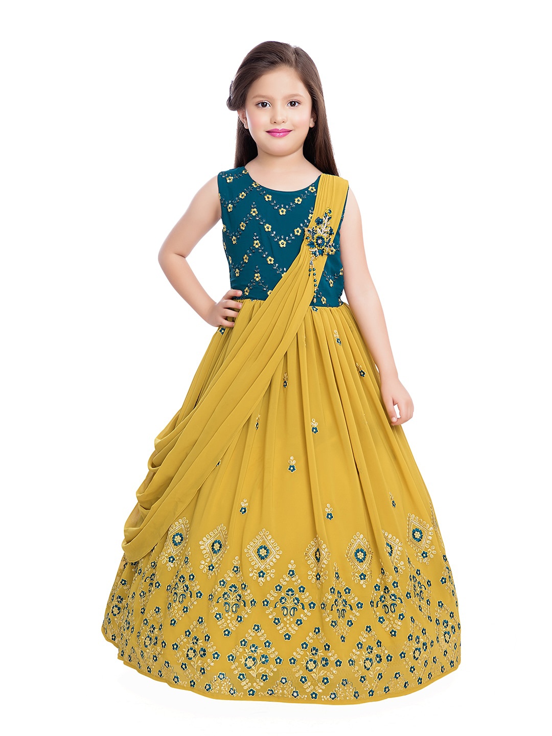 

BETTY Yellow Floral Georgette Ethnic Maxi Dress