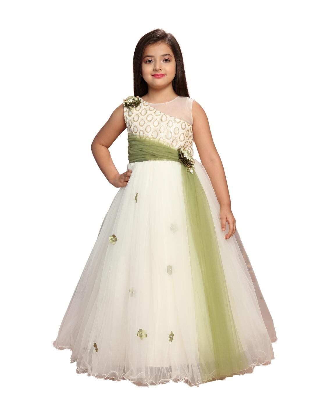 

BETTY Green & pearled ivory Embellished Net Ethnic Maxi Dress