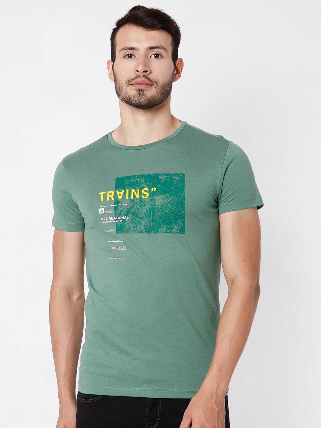 

Rex Straut Jeans Men Green Printed Slim Fit T-shirt