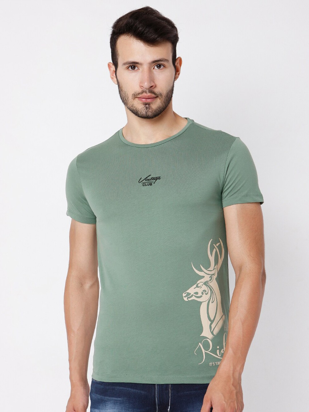 

Rex Straut Jeans Men Green Printed Slim Fit T-shirt