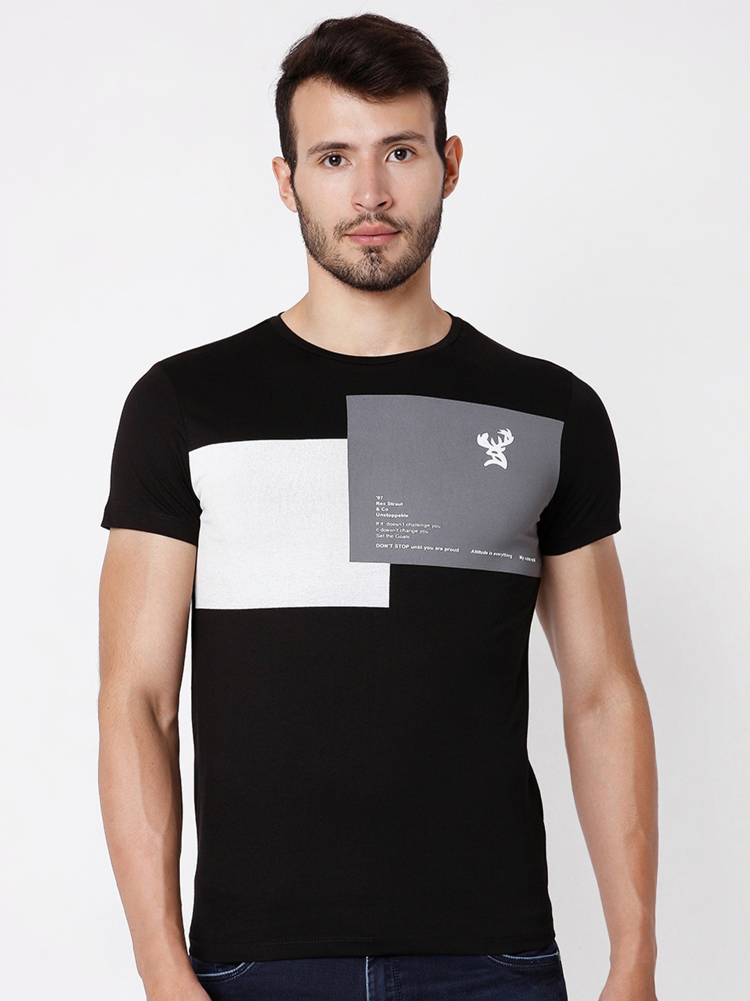

Rex Straut Jeans Men Black Colourblocked Raw Edge Slim Fit T-shirt