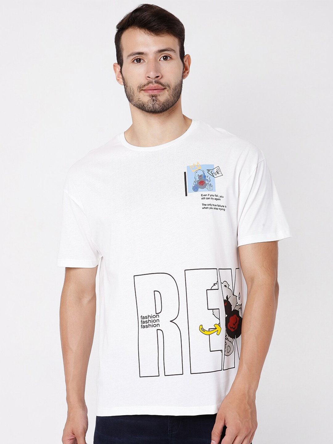 Rex Straut Jeans Men White Printed Applique Boxy T-shirt