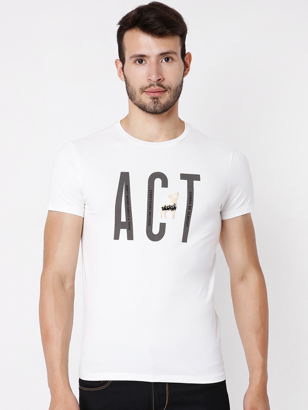 

Rex Straut Jeans Men White Typography Printed Cotton Slim Fit T-shirt