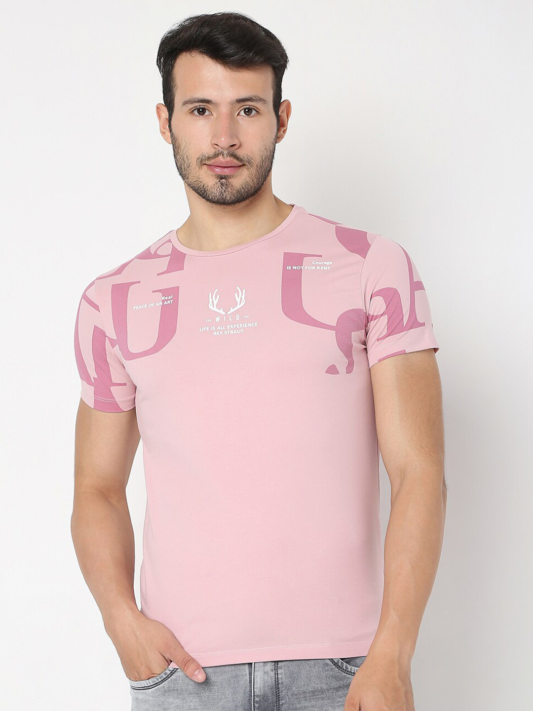 

Rex Straut Jeans Men Pink Typography Slim Fit T-shirt