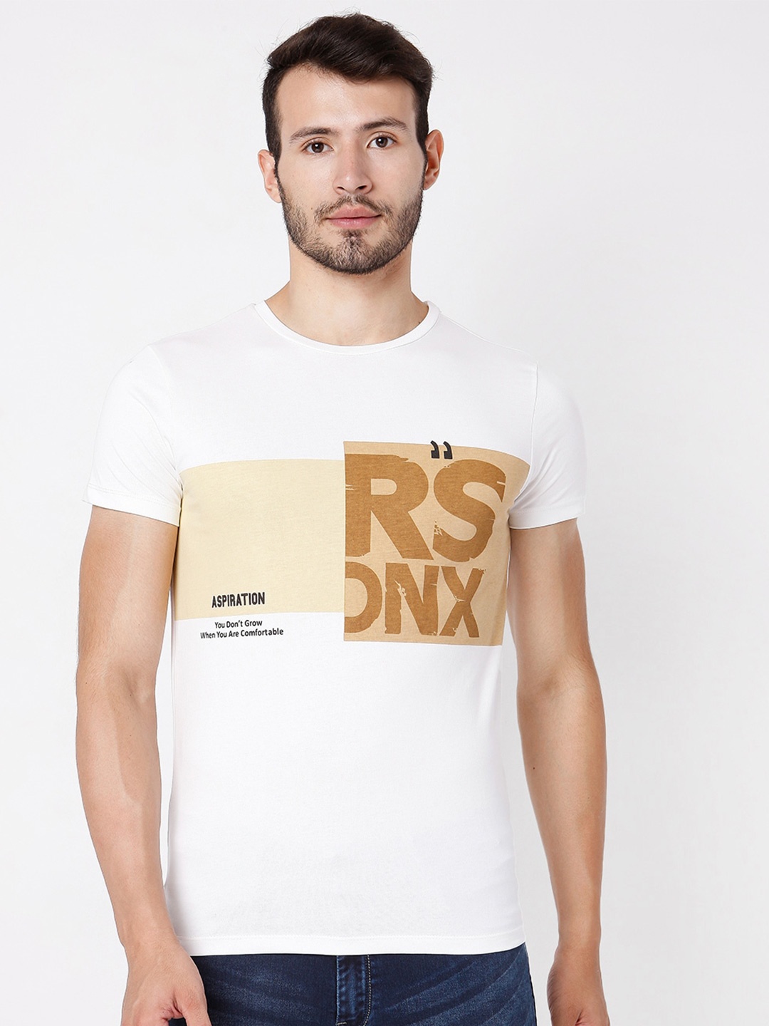 

Rex Straut Jeans Men White & Gold-Toned Typography Printed Slim Fit T-shirt