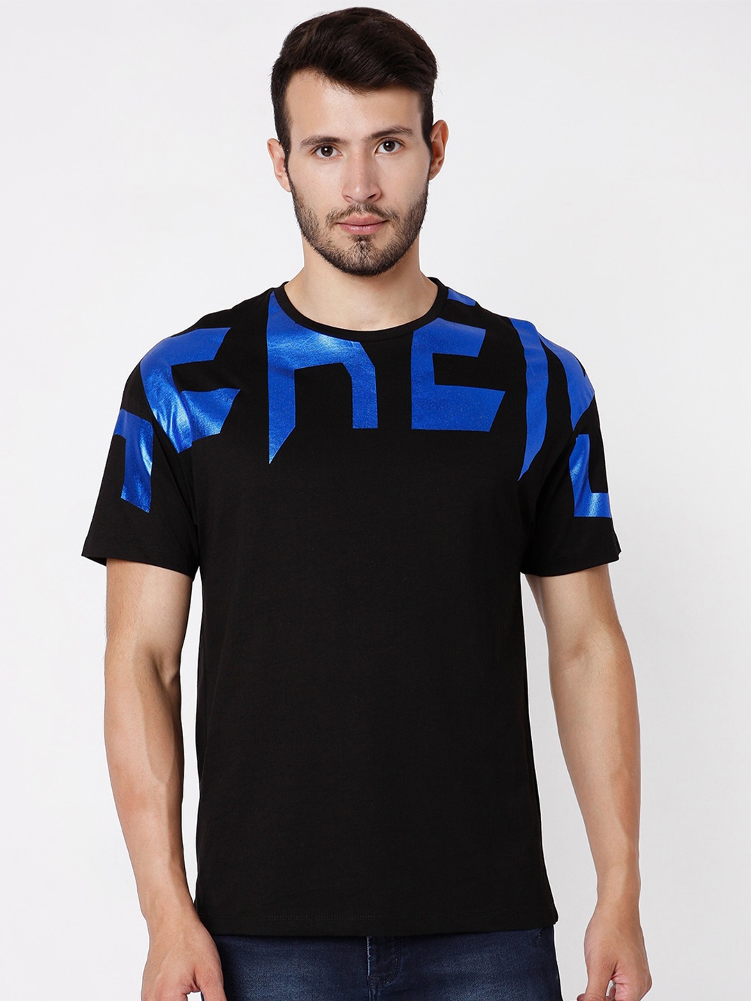 

Rex Straut Jeans Men Black Typography Applique Boxy T-shirt