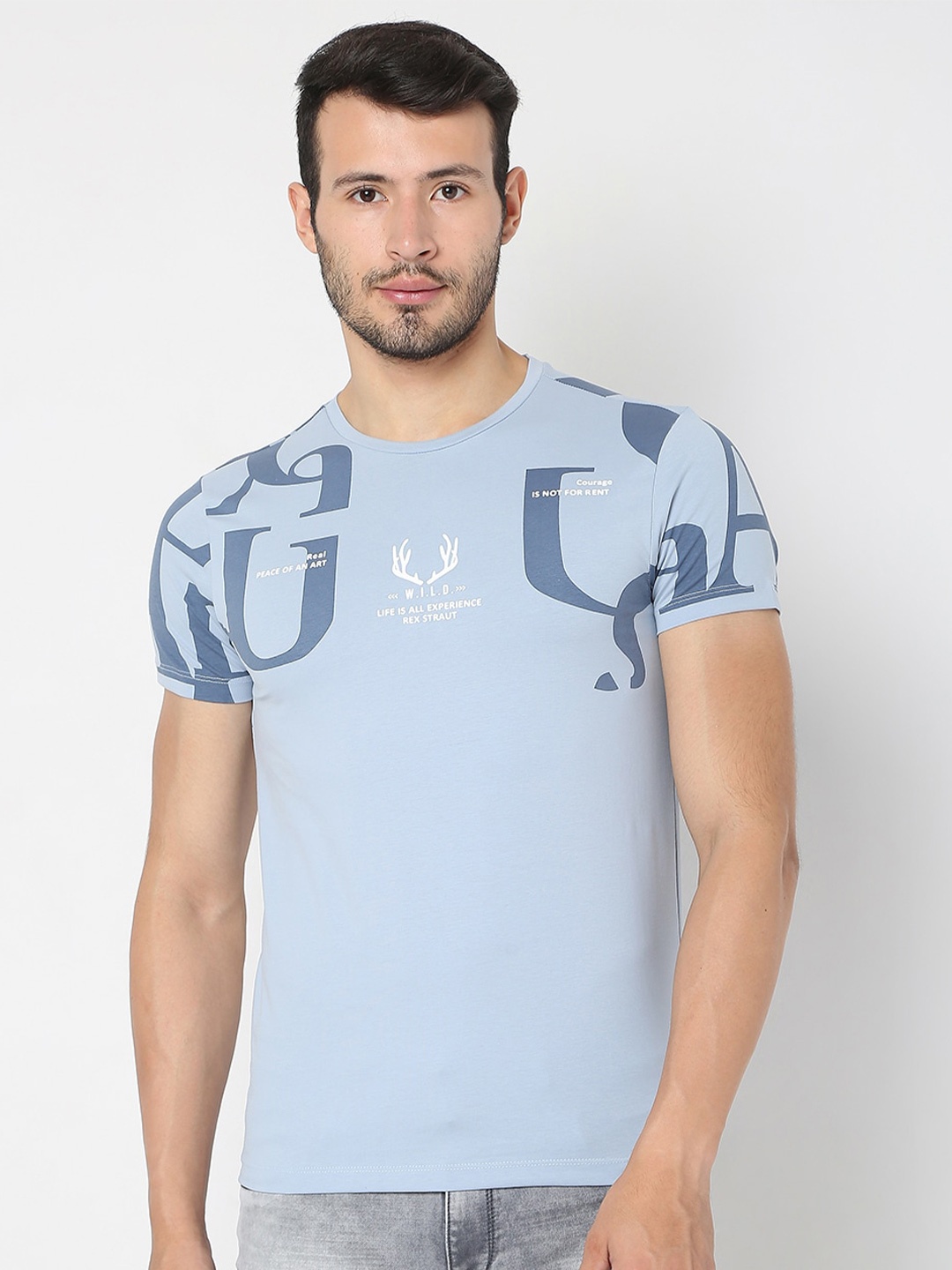 

Rex Straut Jeans Men Blue Typography Printed Slim Fit T-shirt