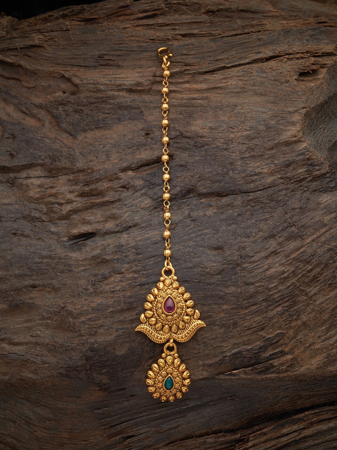

Kushal's Fashion Jewellery Gold-Plated & Green Stone-Studded Maang Tikka