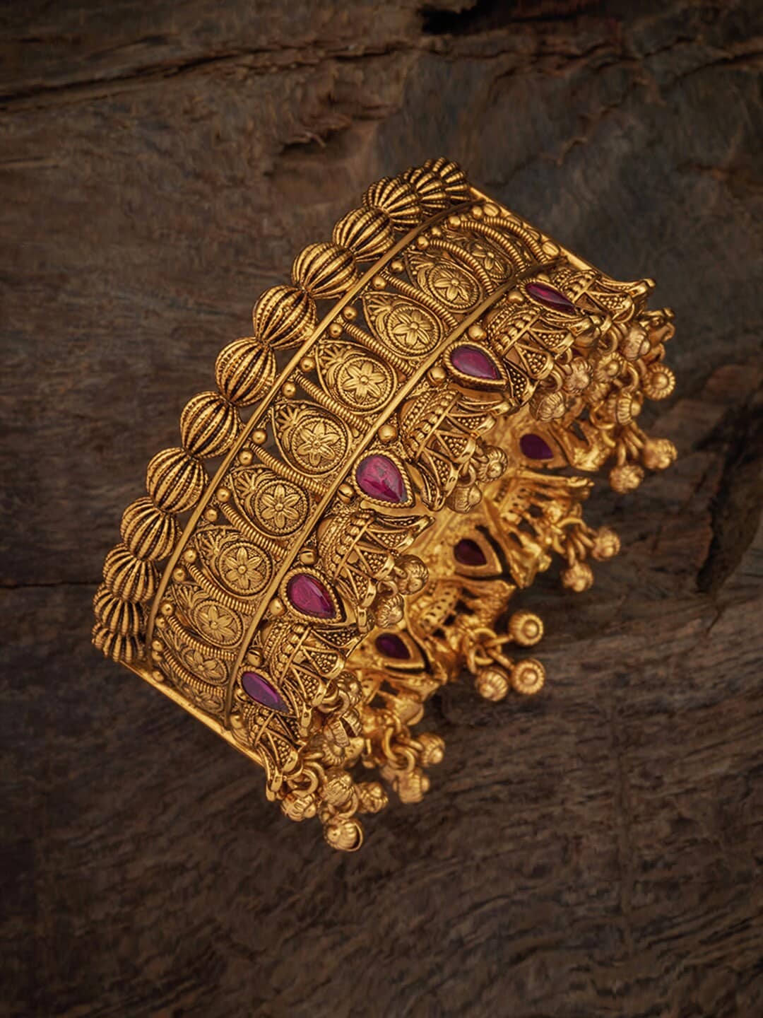 

Kushal's Fashion Jewellery Gold-Plated Red Stone-Studded Ghungroo Detailed Bangle