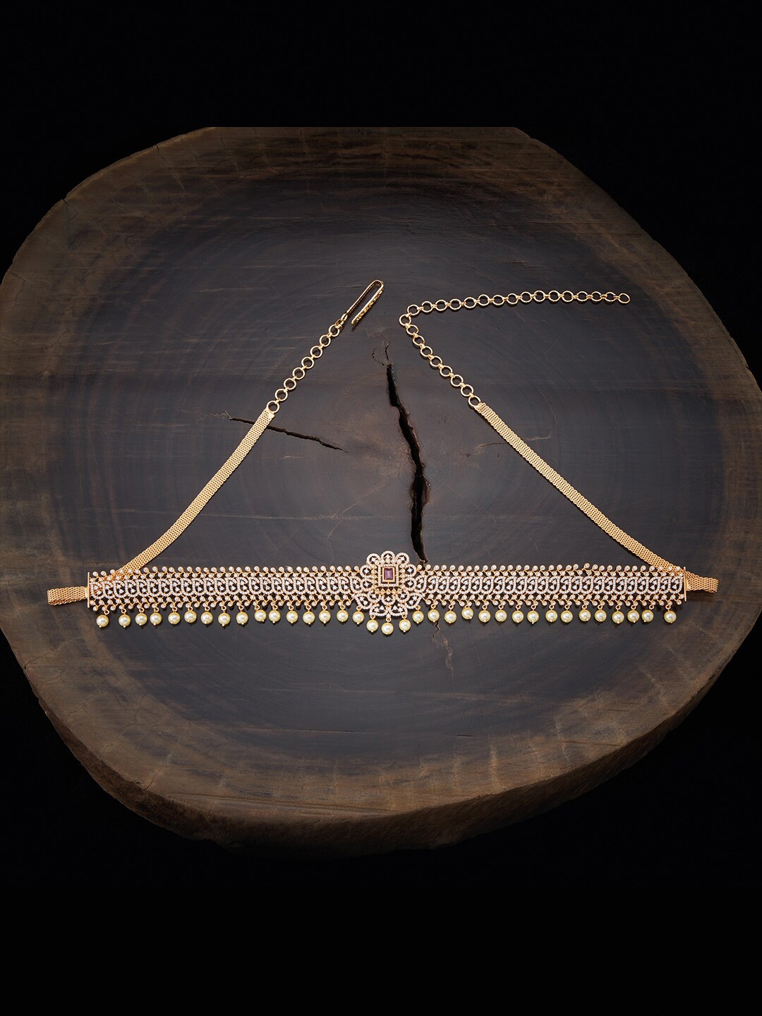 

Kushal's Fashion Jewellery Gold-Plated White & Pink CZ-Studded & Beaded Kamarbandh