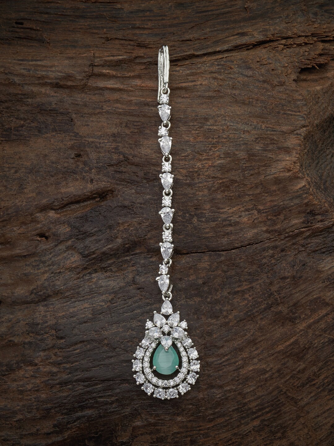 

Kushal's Fashion Jewellery Rhodium-Plated Sea Green CZ Stone-Studded Maang Tikka