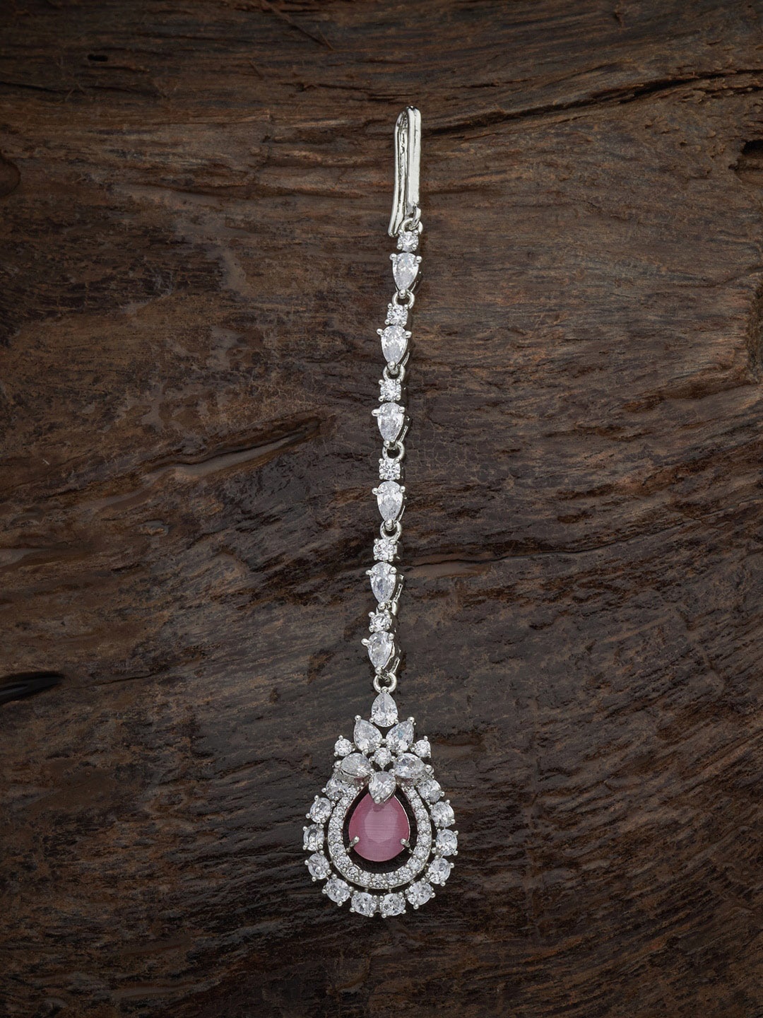 

Kushal's Fashion Jewellery Rhodium-Plated Pink & White Cubic Zirconia Studded Handcrafted Maang Tikka, Silver