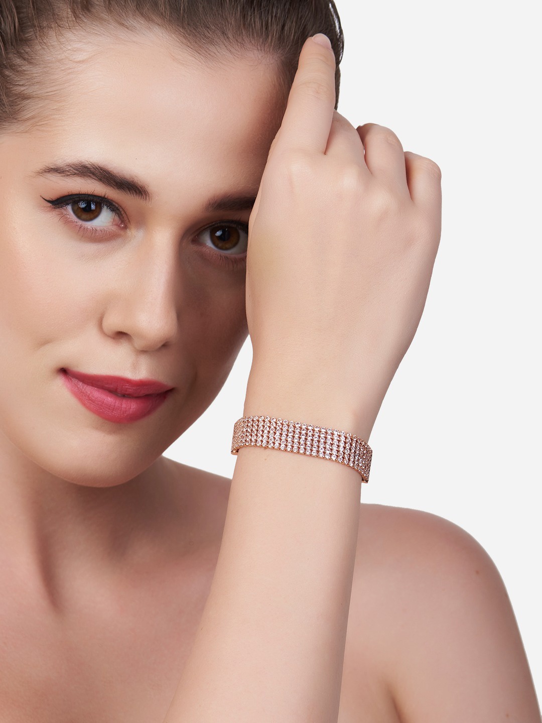 

AMI Women Rose Gold Brass Cubic Zirconia Rose Gold-Plated Wraparound Bracelet