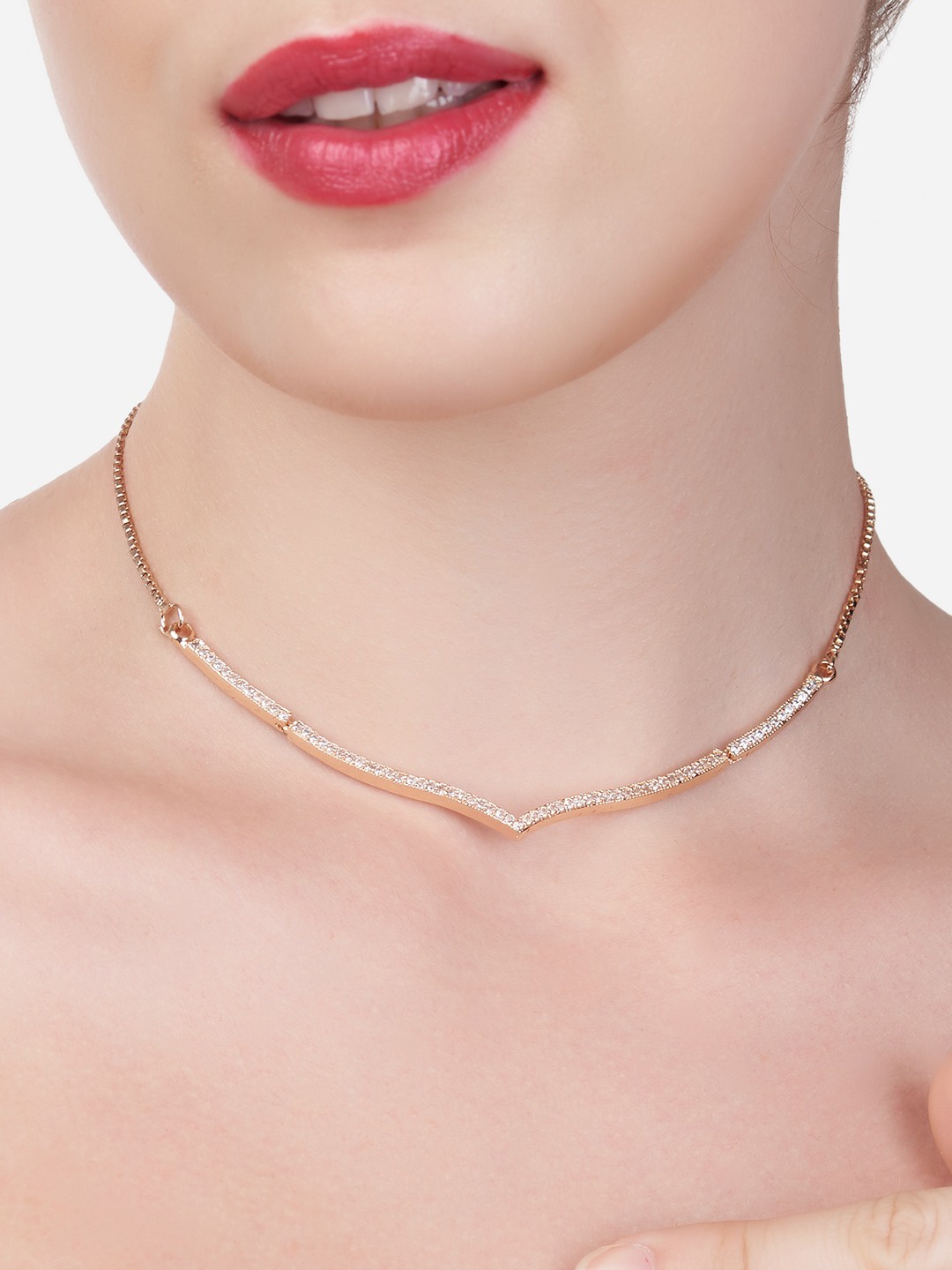 

AMI Rose Gold-Plated White CZ Studded Brass Necklace